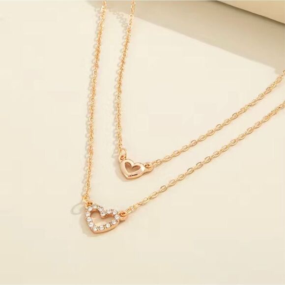Double Layer Heart Rhinestone Zircon Necklace Set - Picture 4 of 6